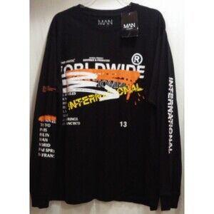 Boohoo Man Sz 2XL Oversized Graphic Long Sleeve T-Shirt Black NWT Printed Crew
